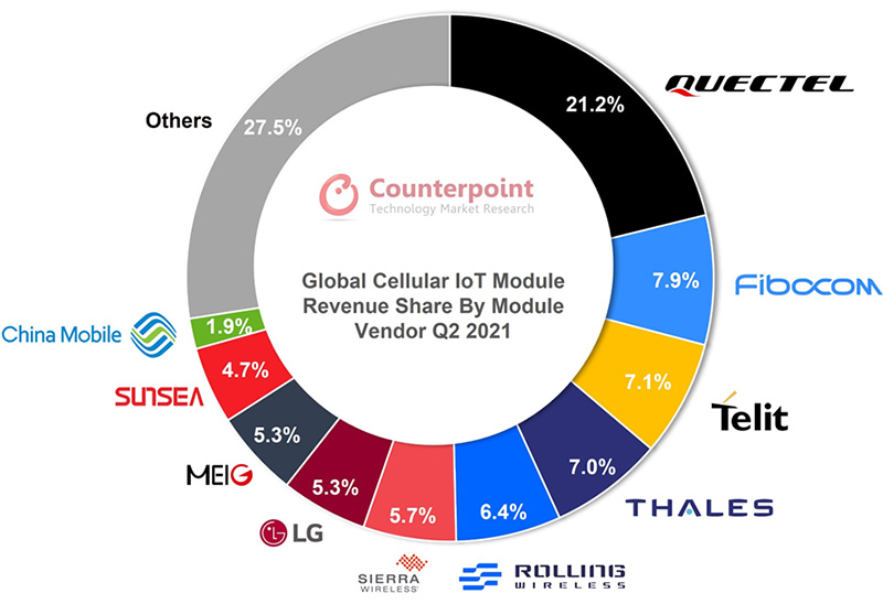 Chia sẻ doanh thu của mô-đun IoT di động toàn cầu theo nhà cung cấp mô-đun, quý 2 năm 2021